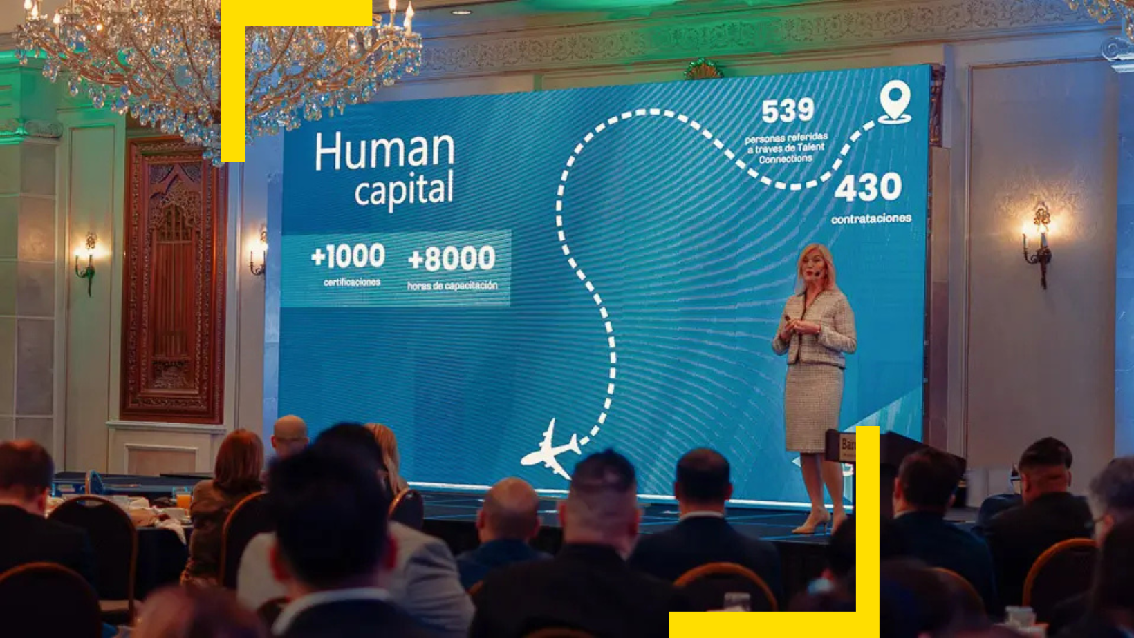 Escenario con pantalla LED gigante, y presentadora con micrófono inalámbrico