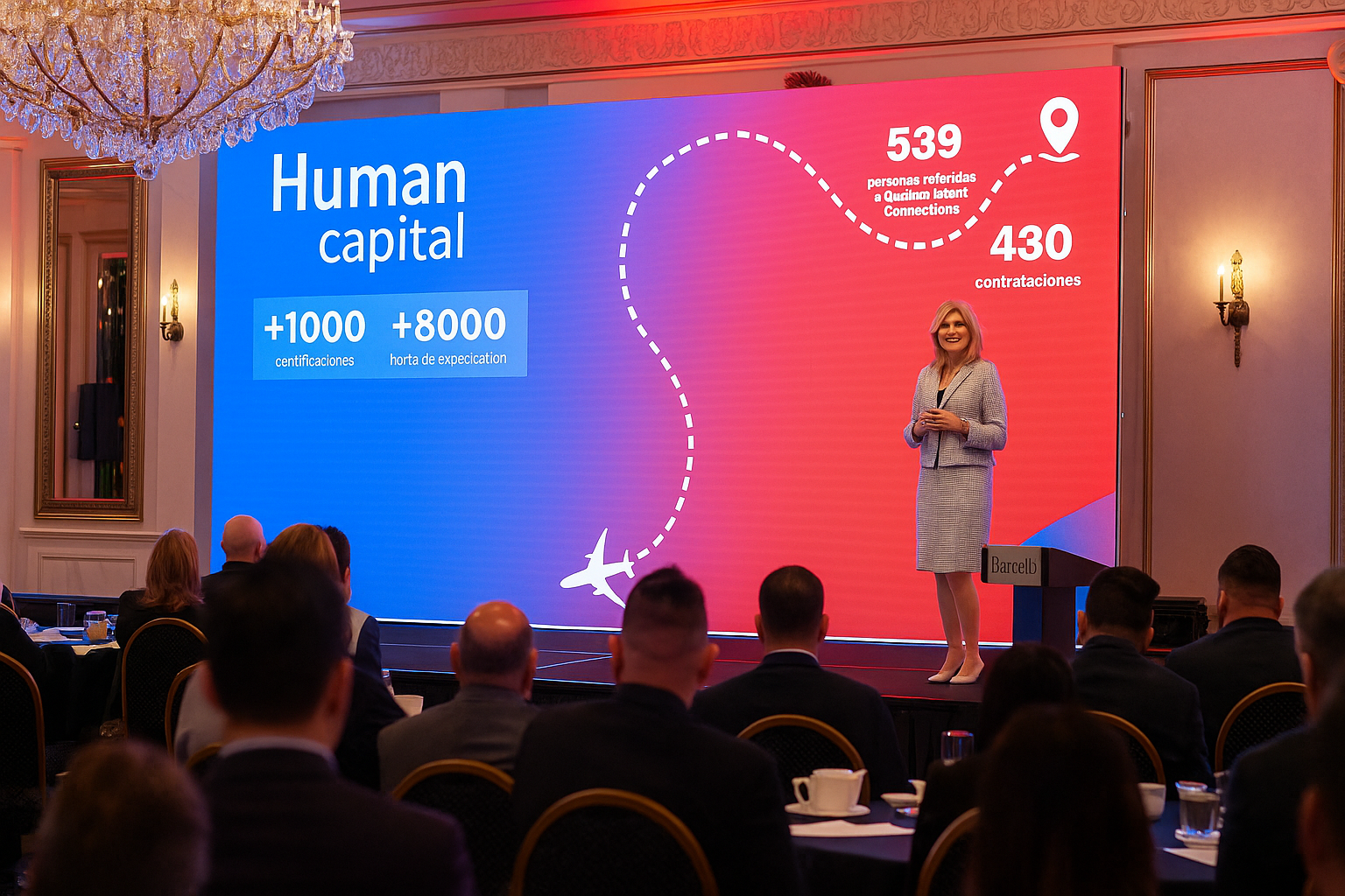 Escenario con pantalla LED gigante, y presentadora con micrófono inalámbrico