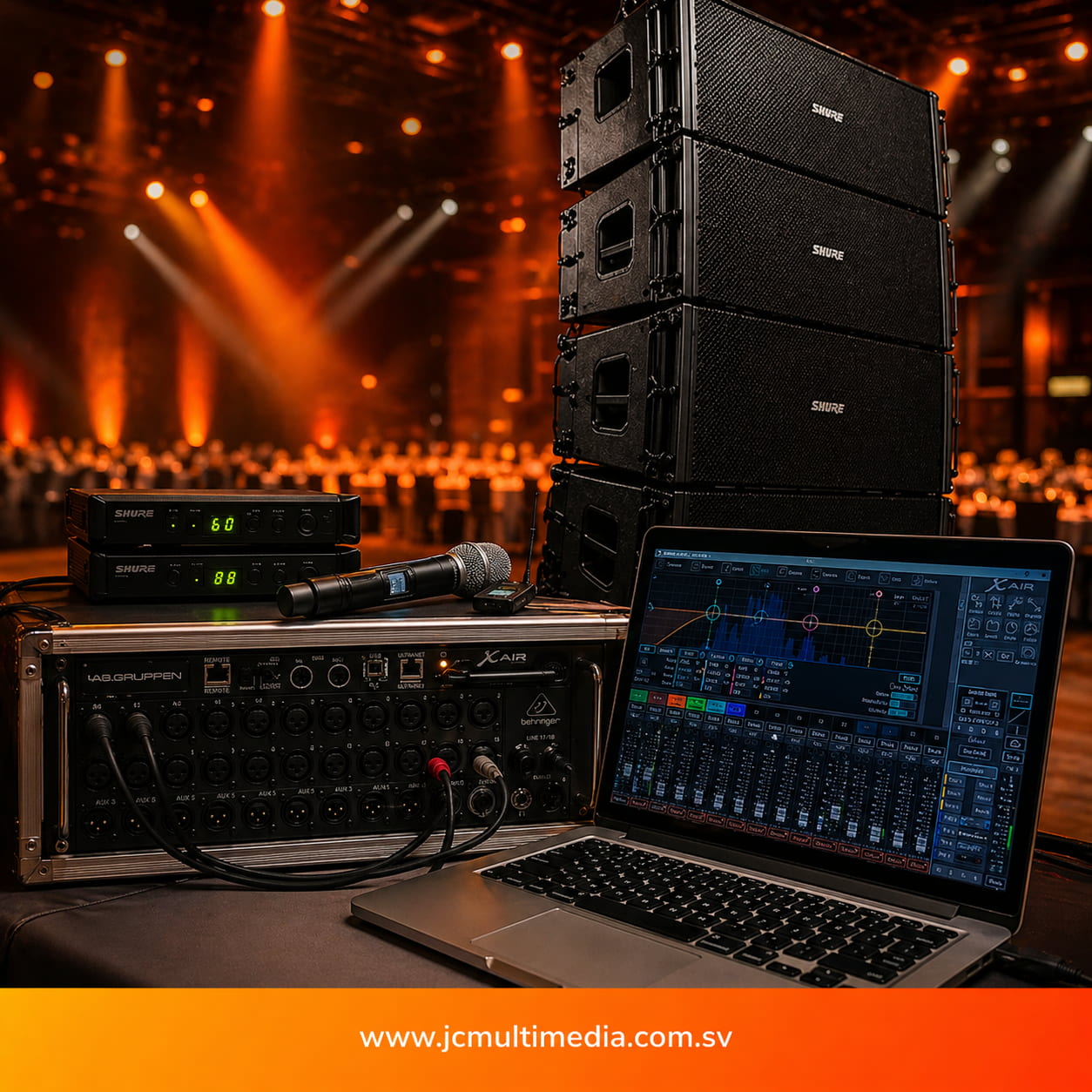 Sonido profesional para eventos en El Salvador con consola digital, micrófono inalámbrico y sistema line array