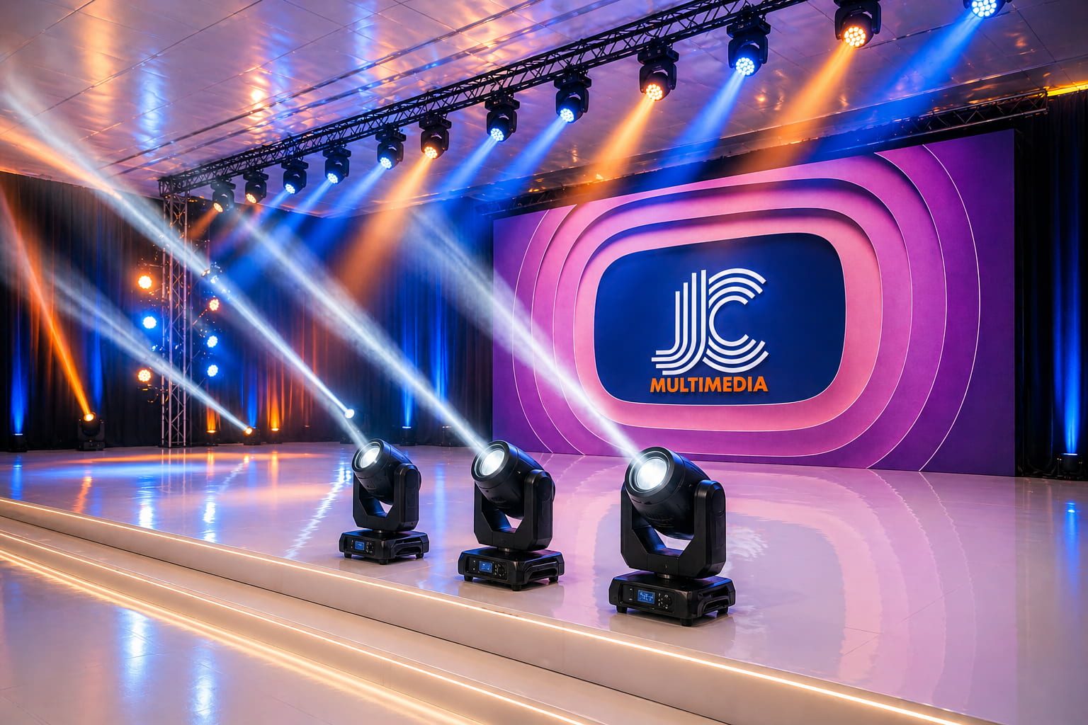 Producción de eventos corporativos en El Salvador con iluminación profesional, escenario moderno y pantalla LED JC Multimedia