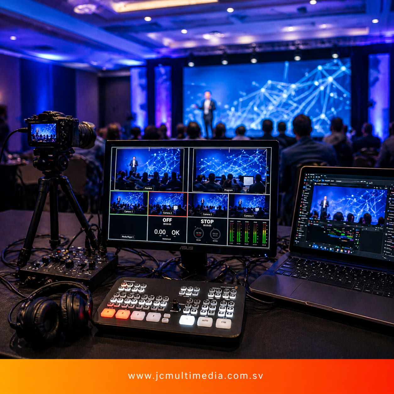 Producción de streaming profesional y circuito cerrado para eventos corporativos con cámaras, switcher y monitoreo en tiempo real en El Salvador