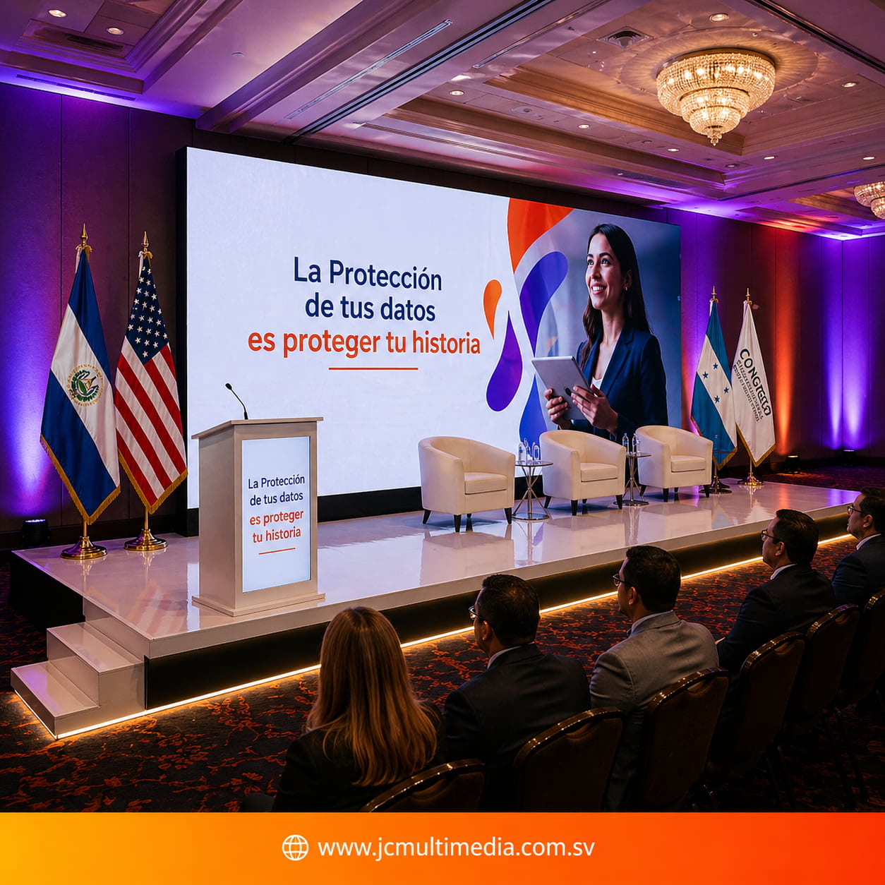 Tarima y escenario para evento corporativo con pantalla LED, iluminación y montaje profesional en El Salvador