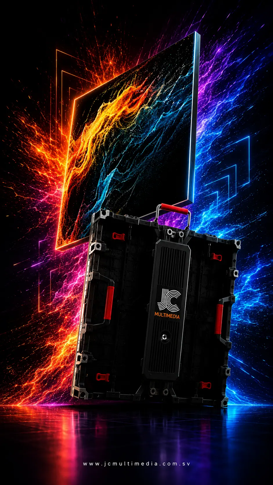 Pantallas LED modulares JC Multimedia con efectos visuales futuristas para eventos y producciones audiovisuales