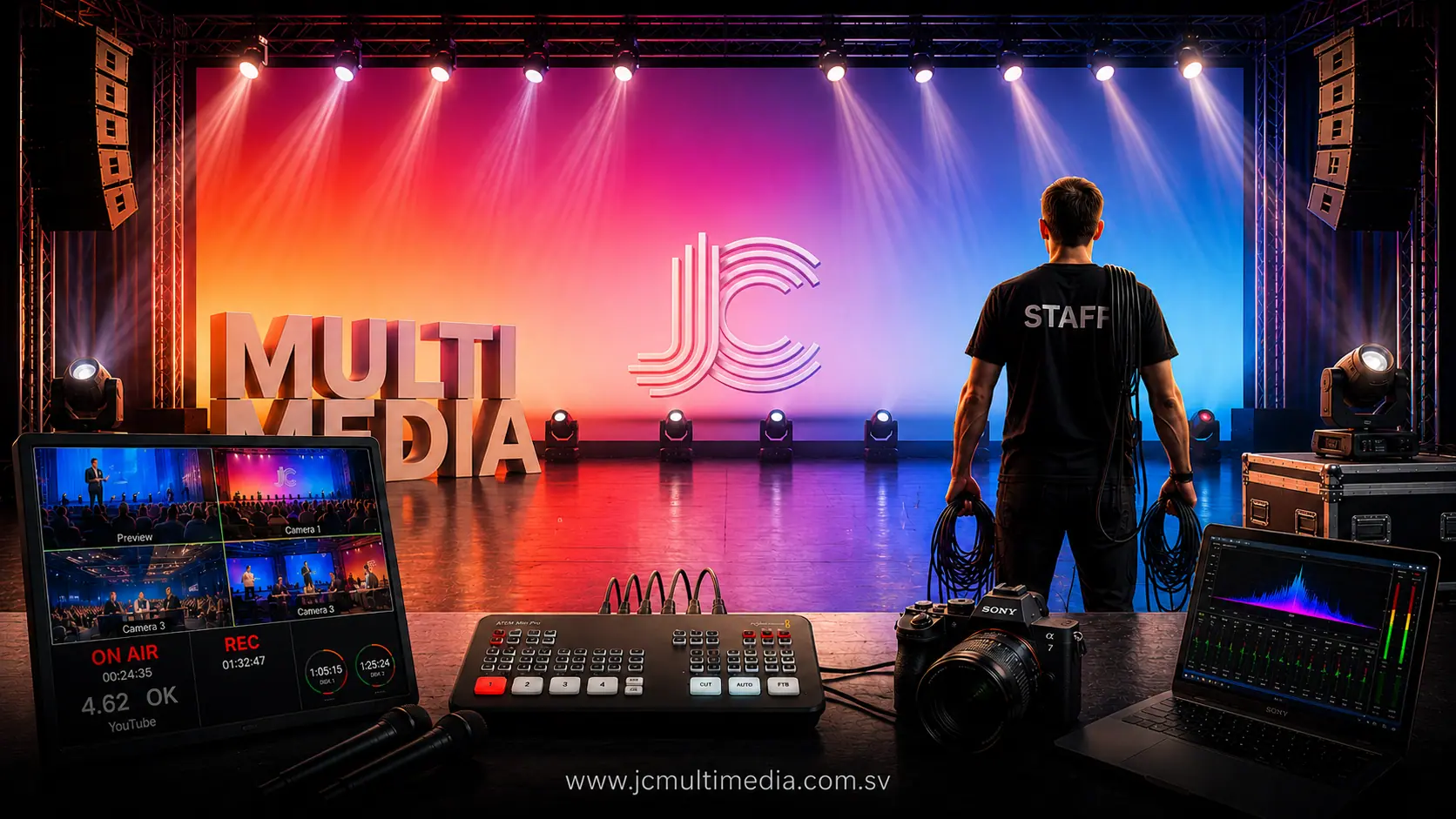 Panel LED profesional JC Multimedia con diseño frontal y trasero para eventos corporativos y producción audiovisual
