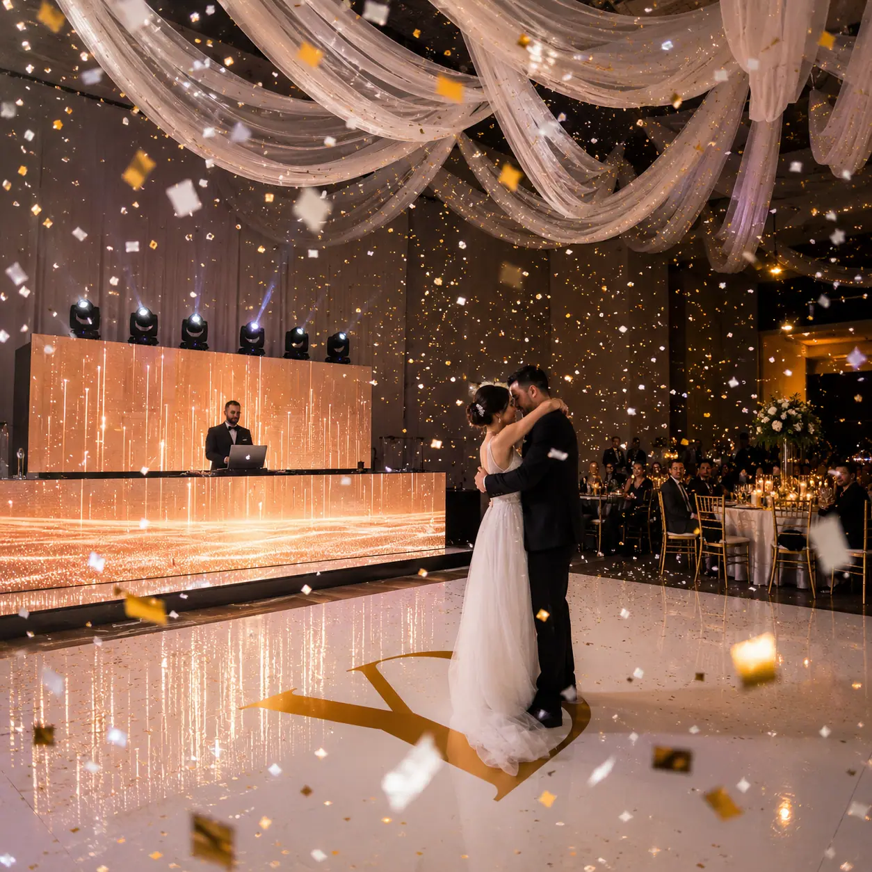 Pista de baile charol blanco con iniciales al centro — boda con confeti dorado — JC Multimedia El Salvador