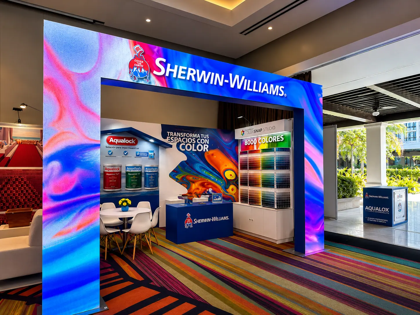 Arco LED 5 x 3m en evento corporativo — stand Sherwin Williams — JC Multimedia El Salvador
