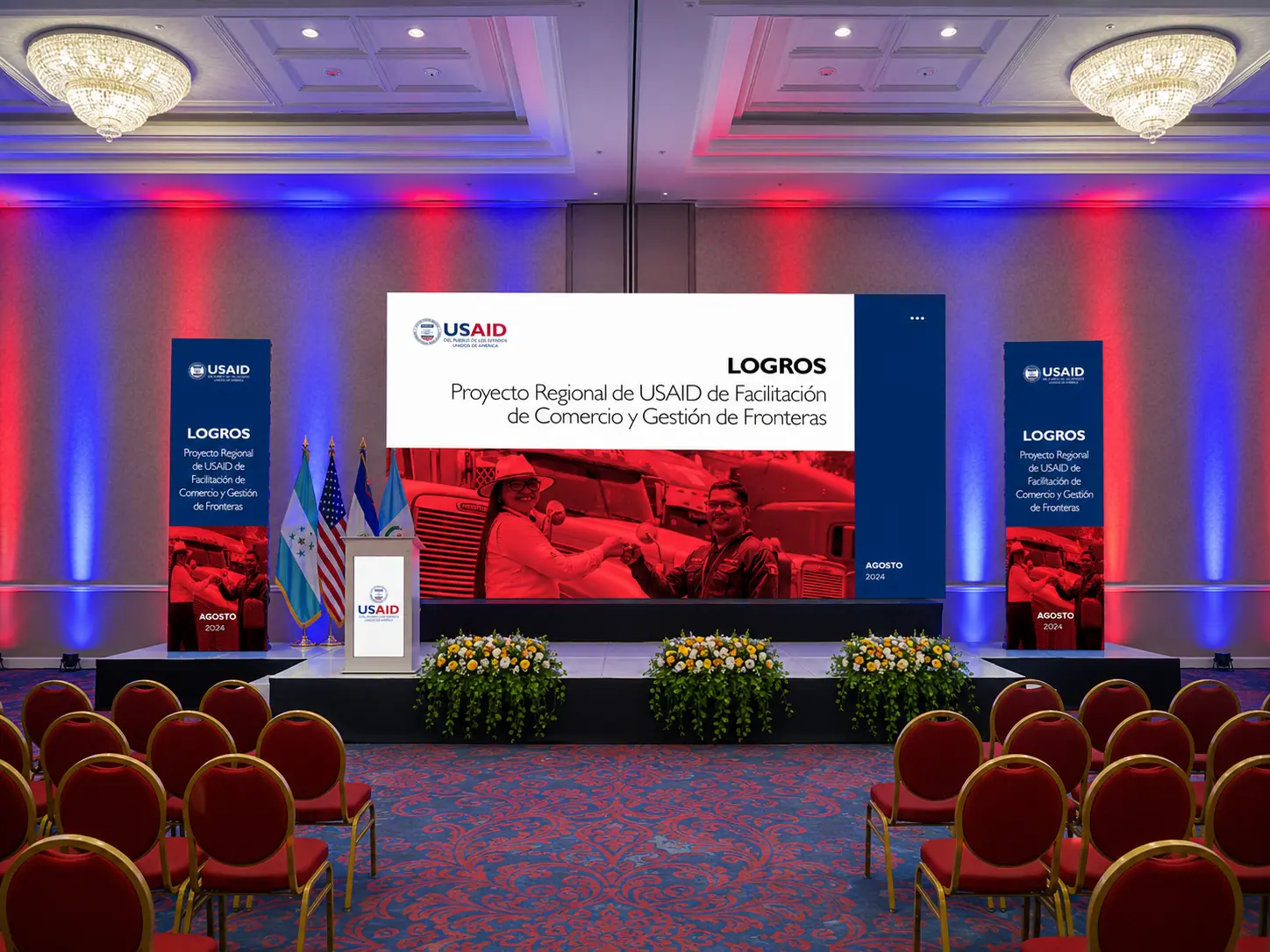 Pantalla LED 6 x 3m con totems y podio digital — evento organizaciones internacionales, JC Multimedia El Salvador