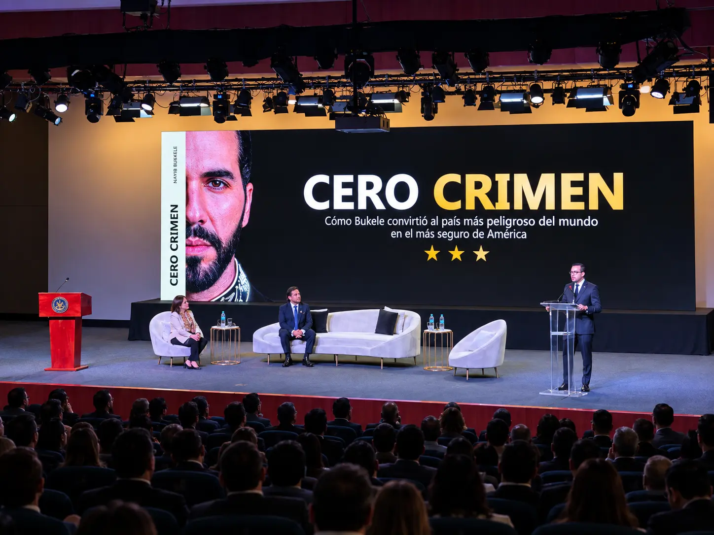Pantalla LED 9 x 3m en evento institucional — libro Nayib Bukele, Centro Histórico de El Salvador
