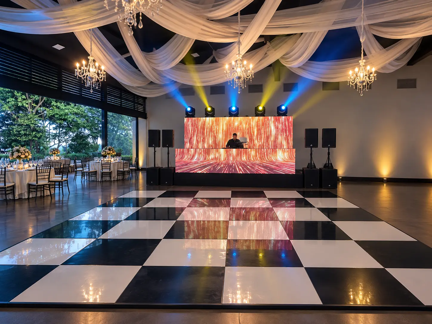 Pista de baile con diseno de ajedrez blanco y negro para eventos - JC Multimedia El Salvador