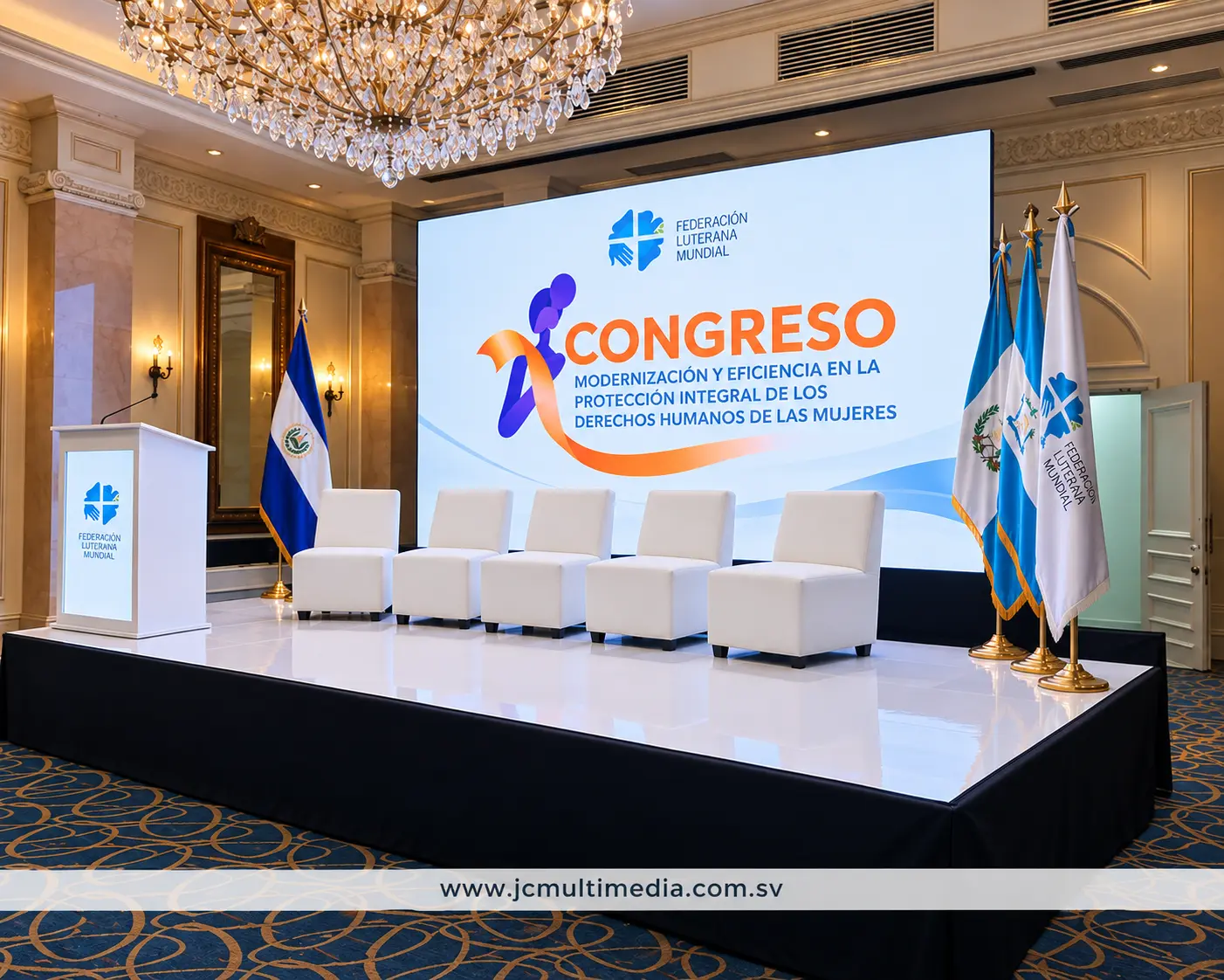 Sillones lounge blancos en tarima para congreso en El Salvador